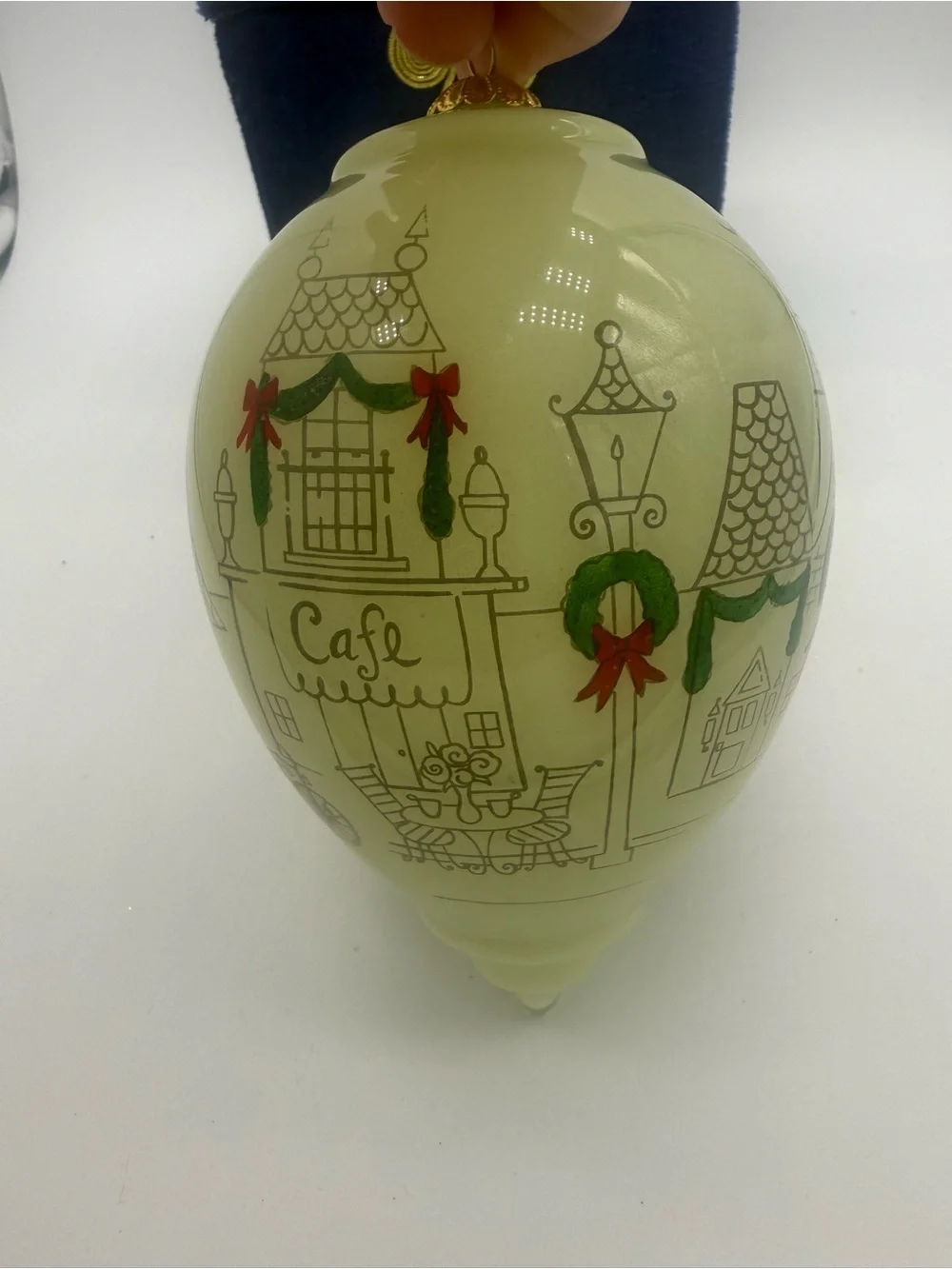 2013 Pier 1 Li Bien Holiday Shopper Reverse Hand Painted Teardrop Ornament w Box